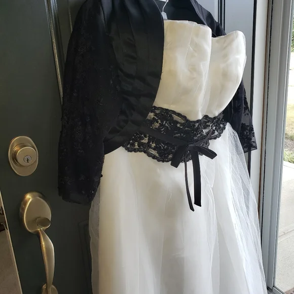 Gorgeous Tea-length Strapless Gown w/ Custom Matching Black Lacey Bolero Jacket - Picture 7 of 8